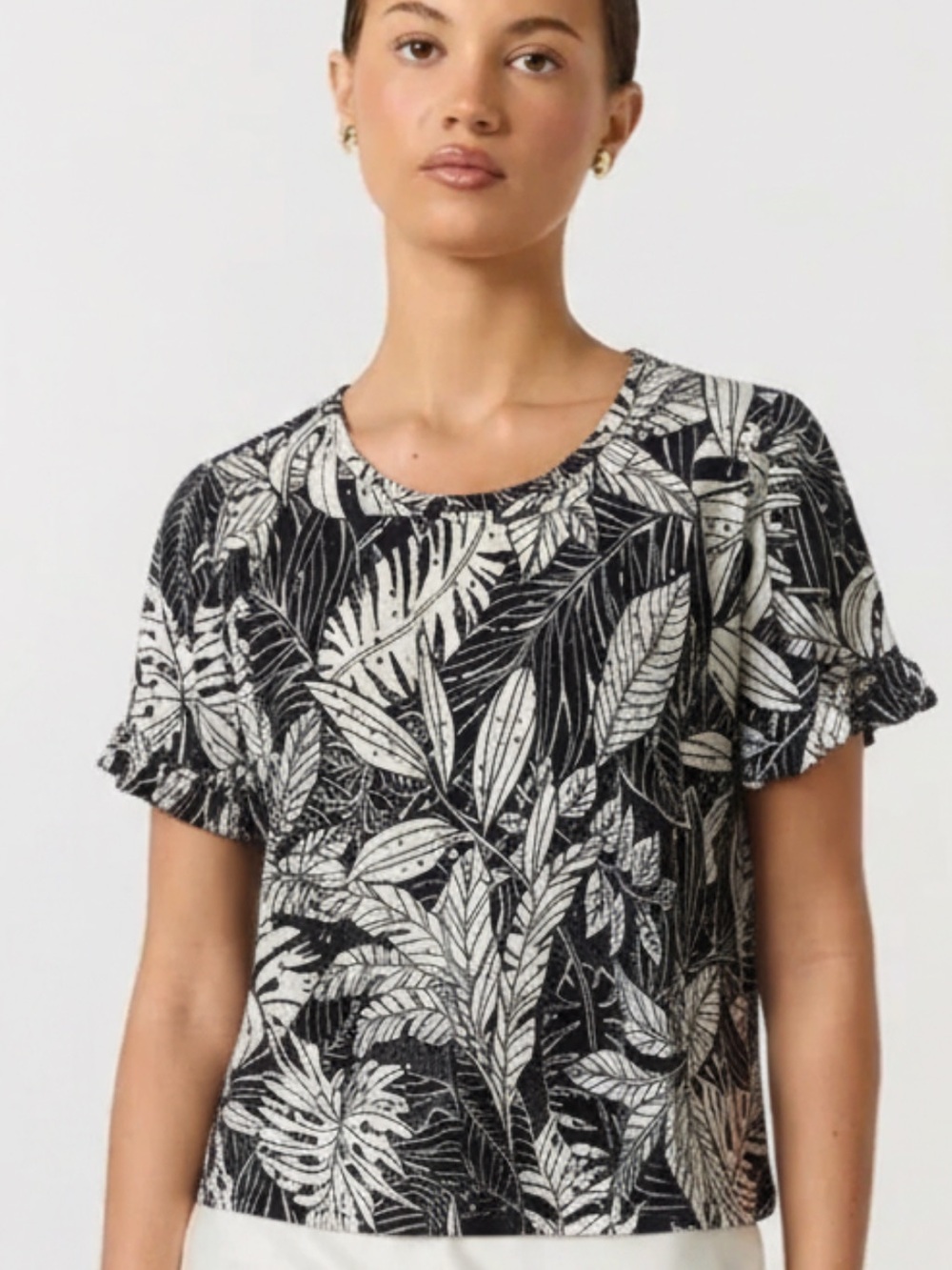 Kim & Cami Black White Leaf Print Eyelet Short Sleeve Top L